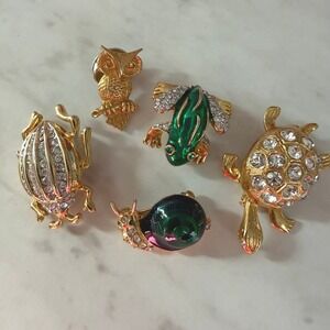 5pc Animal Insect Brooch Pin Set Gold Tone Rhinestone Enamel Owl Frog Turtle Bug